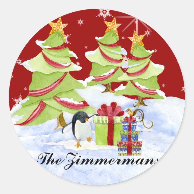 Winter Whimsy Cute Polar Bear Babies in Snow Star Classic Round Sticker (Front)