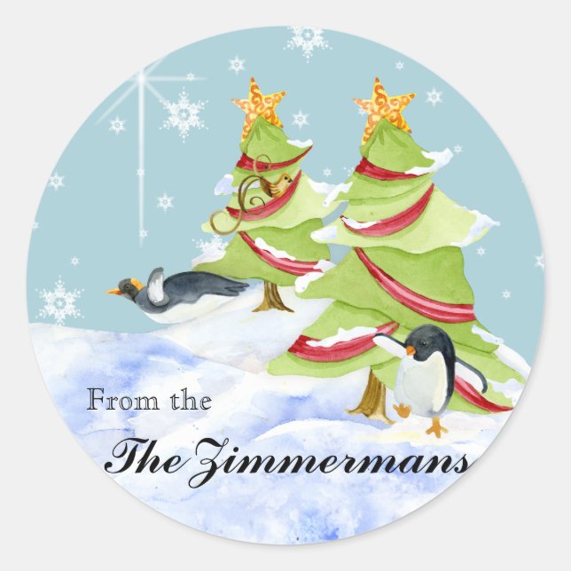 Winter Whimsy Cute Polar Bear Babies in Snow Star Classic Round Sticker (Front)