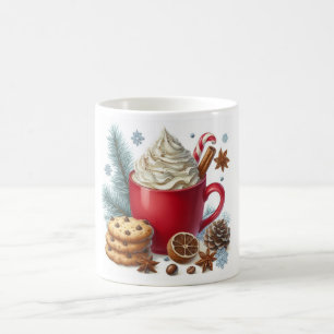 Winter whipped cream hot coffee in a red mug
