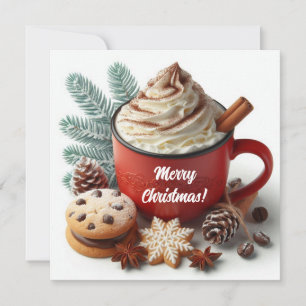 Winter whipped cream hot coffee in a red mug  holiday card