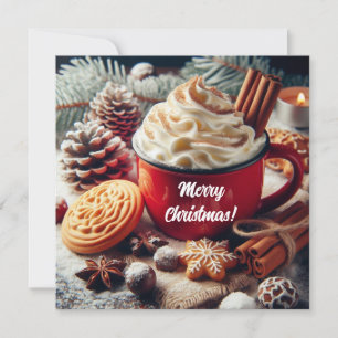 Winter whipped cream hot coffee in a red mug holiday card