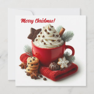 Winter whipped cream hot coffee in a red mug holiday card