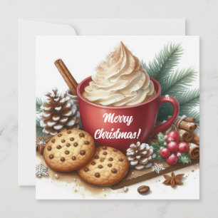 Winter whipped cream hot coffee in a red mug holiday card
