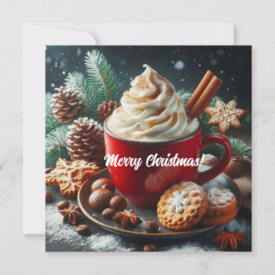Winter whipped cream hot coffee in a red mug  holiday card