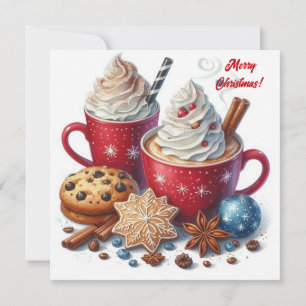 Winter whipped cream hot coffee in a red mugs holiday card