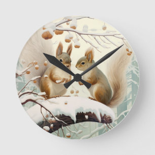 Winter Whispers: Squirrel Snowdance Round Clock