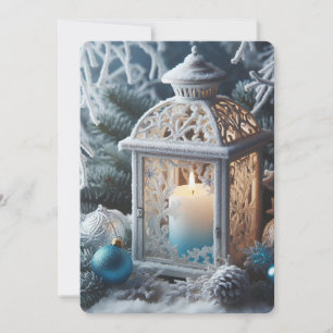 Winter White and Blue Frosted Lantern Holiday Card