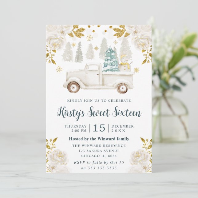 Winter White and Gold Truck Floral Sweet 16 Invitation (Standing Front)