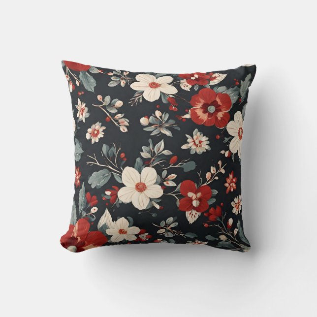 winter white and red flowers, grey blue leaves  cushion (Front)