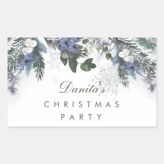 Winter White Blue Christmas Pine Personalised Rectangular Sticker (Front)