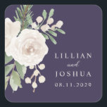 Winter White Botanical Purple Wedding Square Sticker<br><div class="desc">Gorgeous white floral with greenery,  set over a rich purple background,  in a minimalist design...  with your text in modern script and classic font. Simple. Elegant. Perfect for a winter wedding.</div>