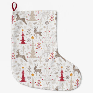 Winter White, Christmas Tree and Deer Large Christmas Stocking