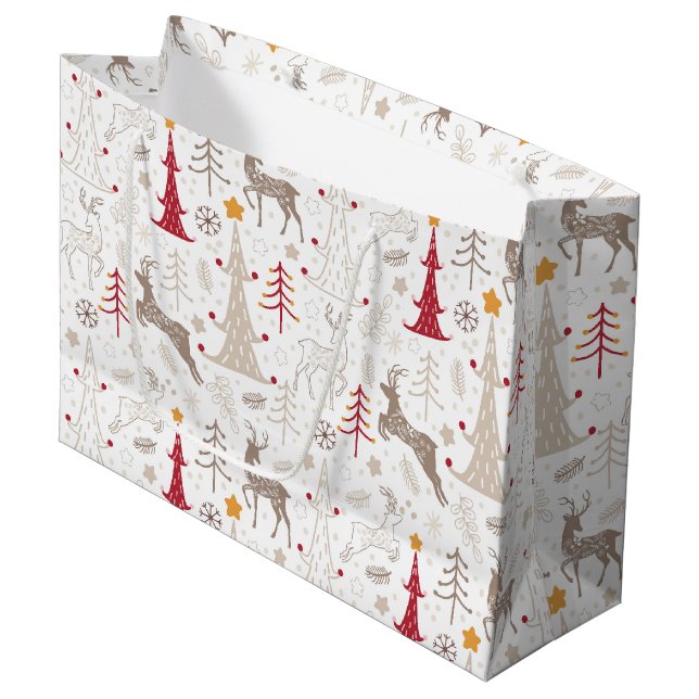 Winter White, Christmas Tree and Deer Large Gift Bag (Front Angled)