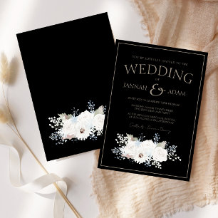 Winter White Floral and Black Christmas Wedding Invitation
