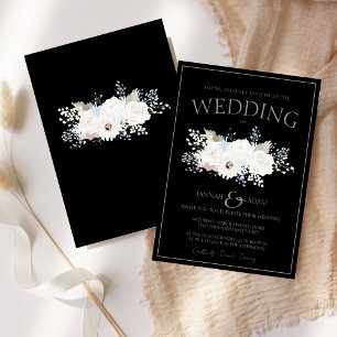 Winter White Floral and Black Christmas Wedding Invitation