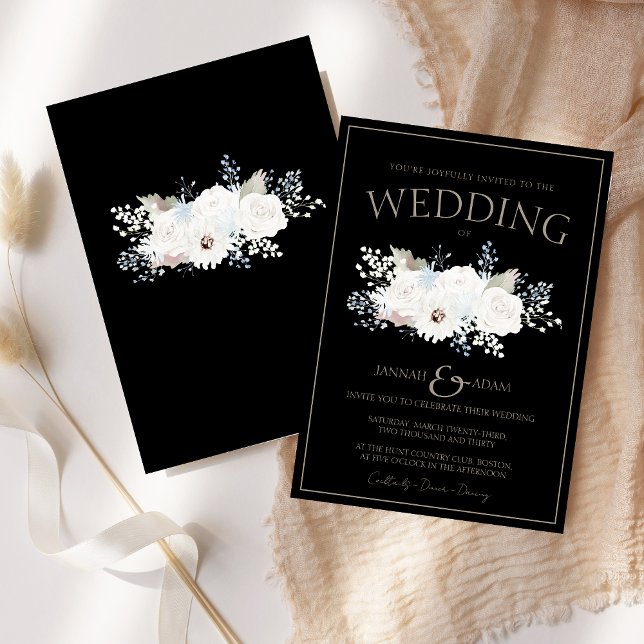 Winter White Floral and Black Christmas Wedding Invitation (Winter White Floral and Black Christmas Wedding Invitation)