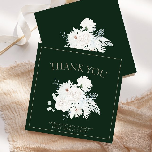 Winter White Floral and Green Christmas Wedding Thank You Card (Winter White Floral and Green Christmas Wedding Thank You Card)