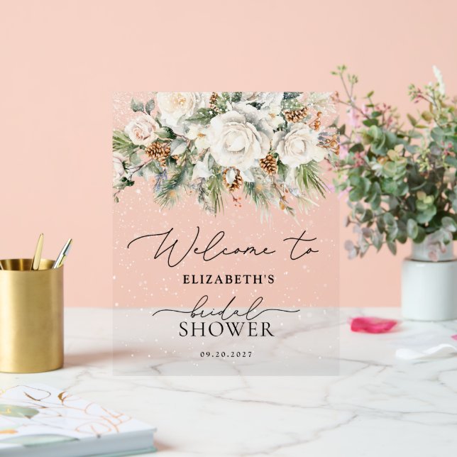 Winter White Floral Elegant Bridal Shower Welcome Acrylic Sign (Wedding)