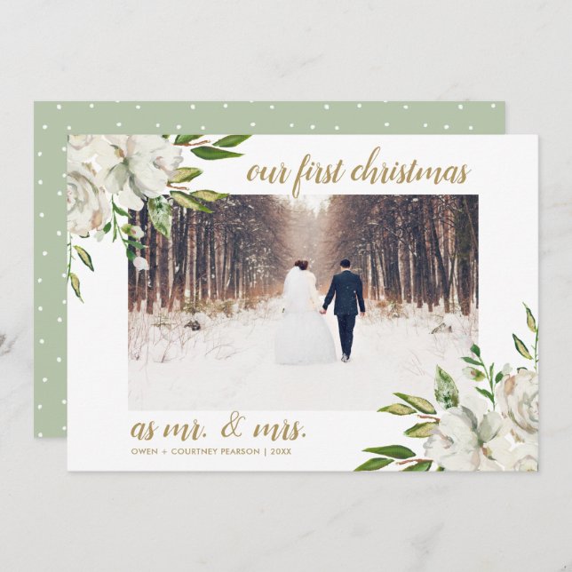 Winter White Floral First Christmas Wedding Photo Holiday Card (Front/Back)