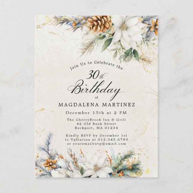 Winter White Floral Greenery 30th Birthday Invitation Postcard (Front)