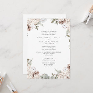 Winter White Floral Pine Cone Elegant Wedding Invitation