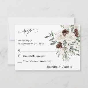 Winter White Floral & Pine no Meal RSVP 2 Card