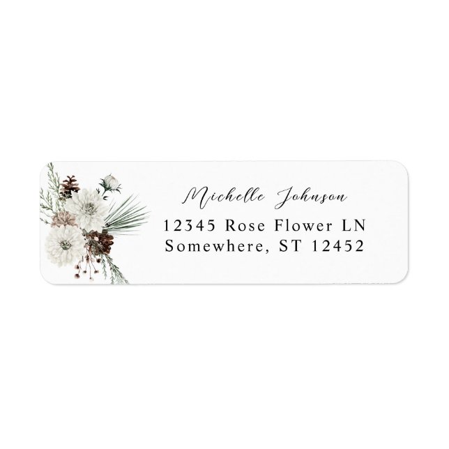 Winter White Floral & Pine Return Address Label (Front)