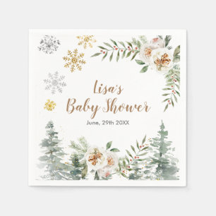 Winter White Floral Pine Trees Baby shower Napkin