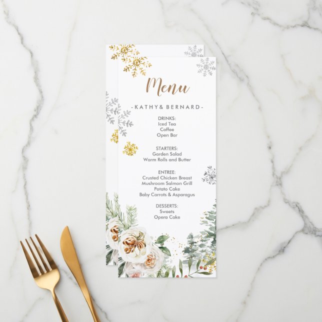 Winter White Floral Pine Trees Wedding Menu Card (Front/Back In Situ)