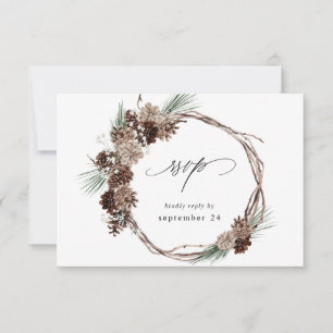 Winter White Floral & Pine w Meal RSVP 2 Card