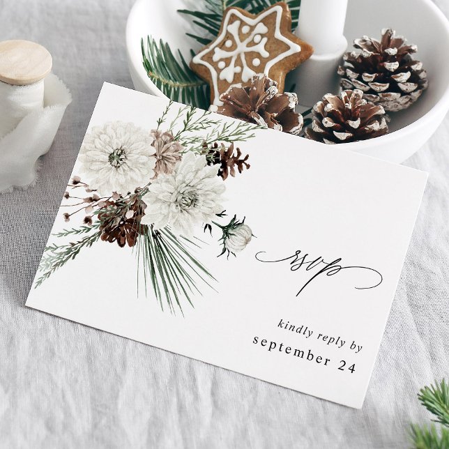 Winter White Floral & Pine w Meal RSVP  Card (Creator Uploaded)