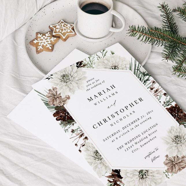 Winter White Floral & Pine Wedding Invitation (Creator Uploaded)