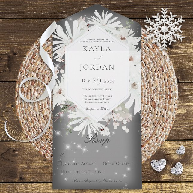 Winter White Floral Sparkle Grey No Dinner All In One Invitation (Creator Uploaded)