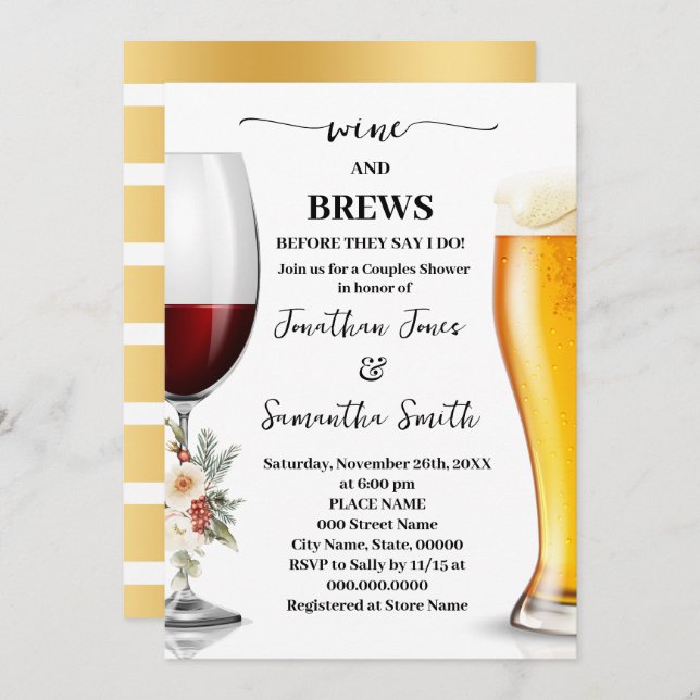 Winter White Floral Wine and Brews Couples Shower Invitation (Front/Back)
