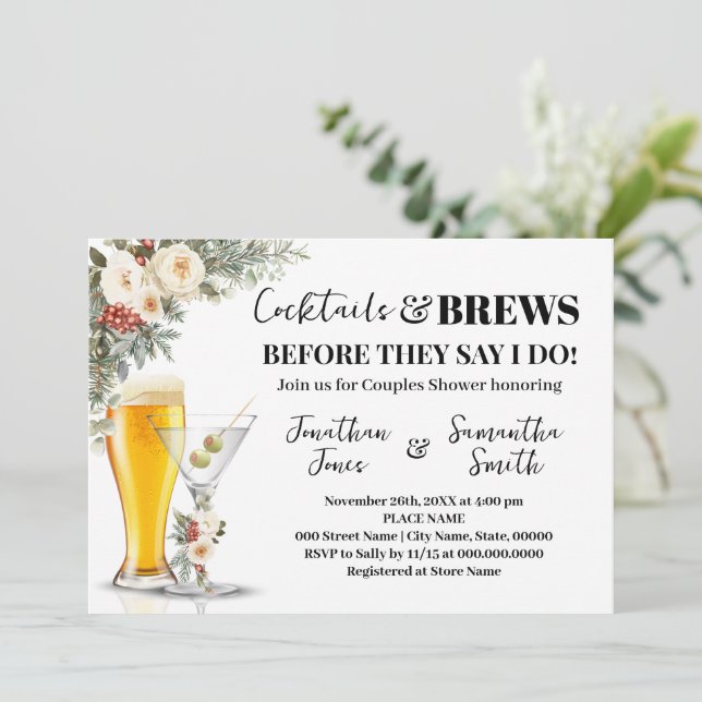 Winter White Flowers Cocktails & Brews Shower Invitation (Standing Front)