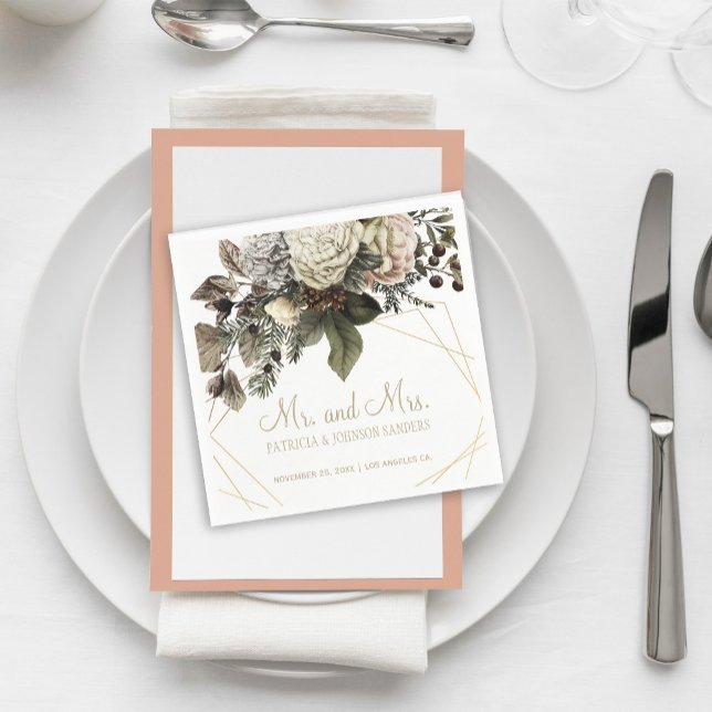 Winter white flowers Mr and Mrs script wedding Napkin (Creator Uploaded)