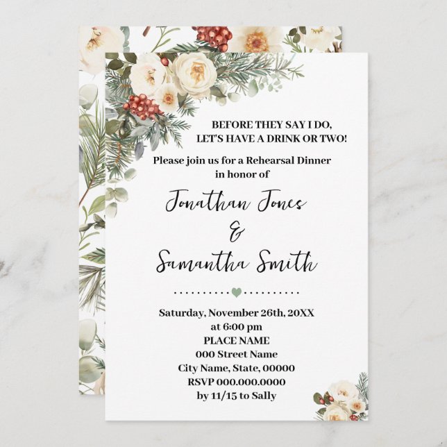 Winter White Flowers Rehearsal Dinner Invitation (Front/Back)