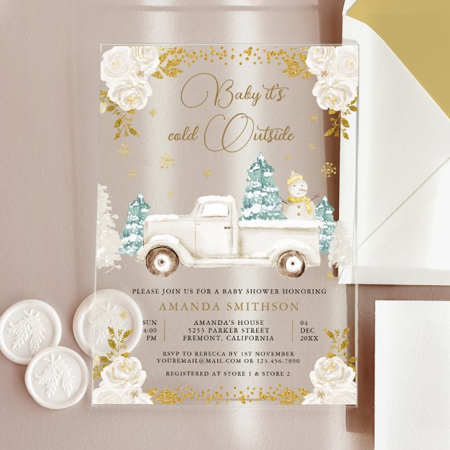 Winter White Gold Floral Truck Snowman Baby Shower Acrylic Invitations (Creator Uploaded)