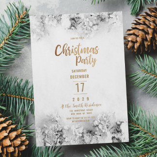 Winter white gold gray snow leaves Christmas Party Invitation