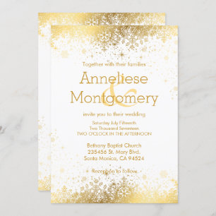 Winter White & Gold Snowflakes Wedding Invitation