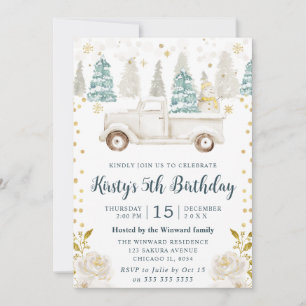 Winter White & Gold Truck Floral Birthday Invitation
