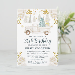 Winter White & Gold Truck Floral Birthday Invitation
