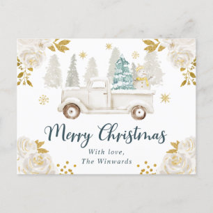 Winter White & Gold Truck Floral Christmas Holiday Postcard