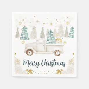 Winter White & Gold Truck Floral Merry Christmas Napkin