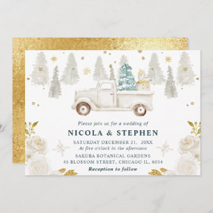 Winter White & Gold Truck Floral Wedding Invitation
