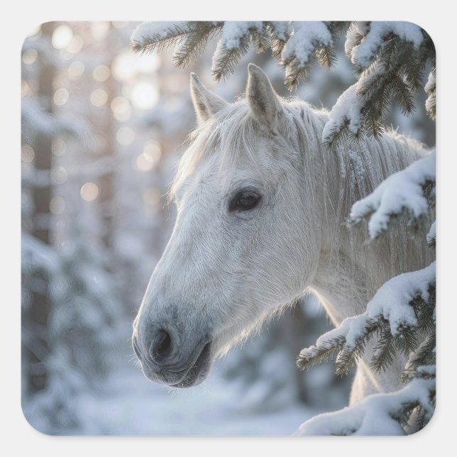 Winter White Horse In Snowy Pine Tree Square Sticker (Front)
