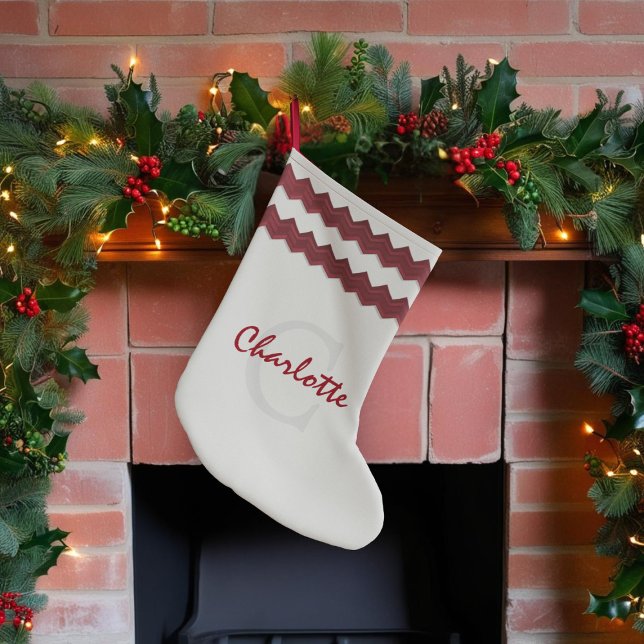 Winter White Name Monogram Christmas Stocking (A winter white Christmas stocking with chevron detailing at the top. Just add your name/initial)