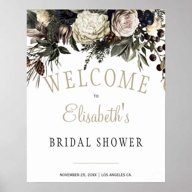 Winter white peonies bridal shower welcome sign (Front)