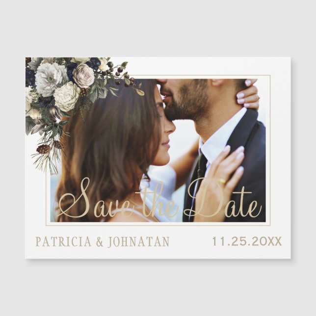 Winter white peonies elegant wedding save the date (Front)