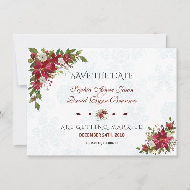 Winter White Poinsettia Snowflakes Save The Date (Front)